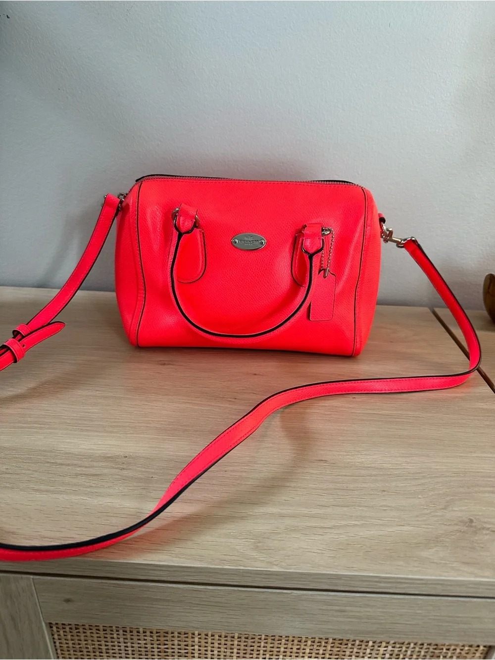 Coach Bright Neon Pink Pebbled Leather Satchel, Mini Bennett Handbag